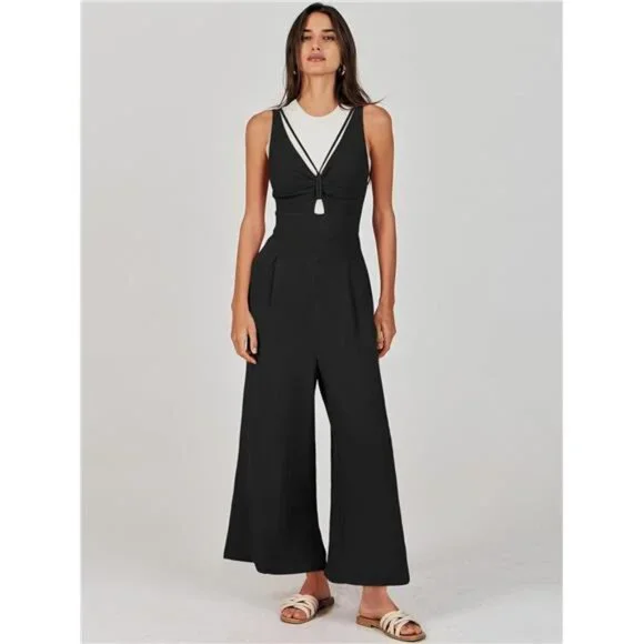 Women's Summer Wide Leg Linen Jumpsuit V Neck Sleeveless Casual Pants Romper